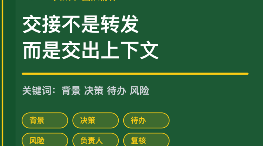 AI Agent 跨部门任务交接封面图，包含背景、决策、待办、风险和负责人等中文关键词