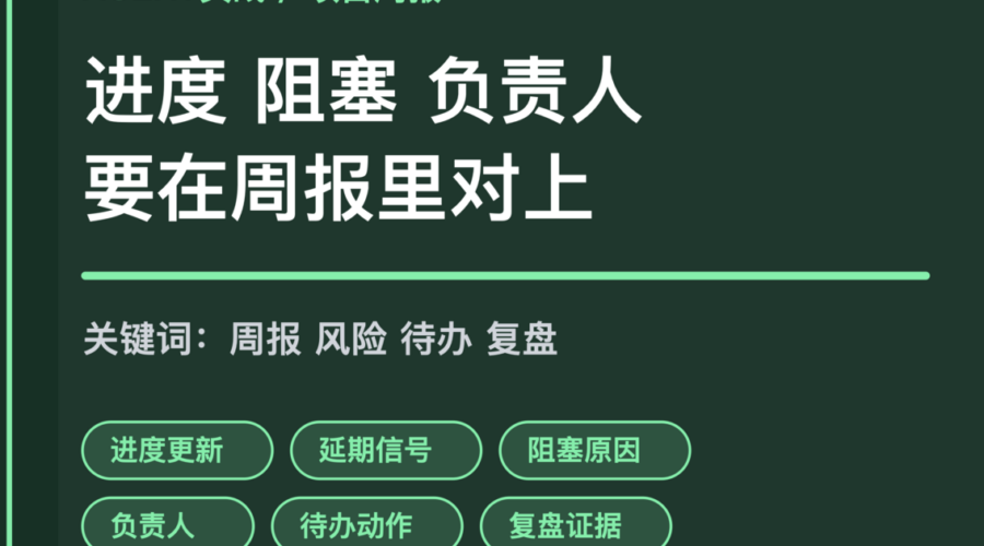 AI Agent 项目周报风险预警封面图，包含进度更新、延期信号、阻塞原因、负责人和待办动作等中文关键词