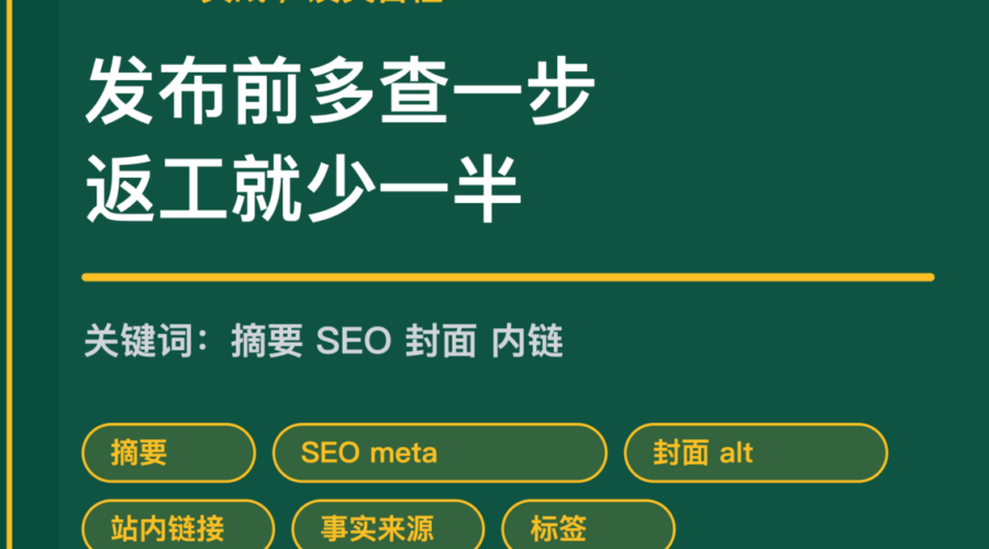 AI Agent 发文前自检封面图，包含摘要、SEO、封面、alt、内链和事实来源等中文关键词