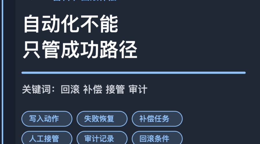 AI Agent 回滚与补偿机制封面图，包含失败恢复、写入动作、人工接管和审计记录等中文关键词