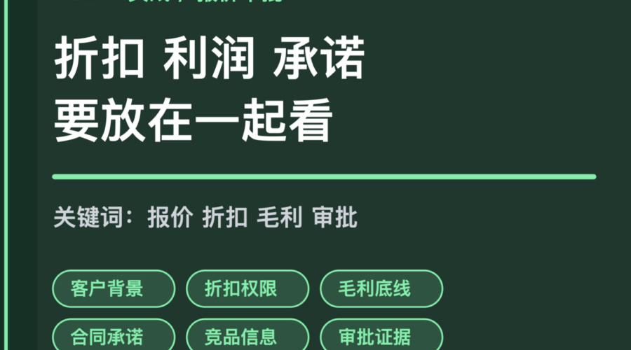 AI Agent 销售报价审批封面图，包含客户背景、折扣权限、毛利底线、合同承诺和审批证据等中文关键词