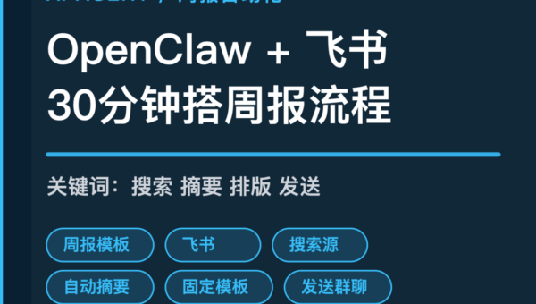 AI Agent 周报自动化模板封面图，包含周报自动化、飞书、搜索和工作流等中文关键词组合
