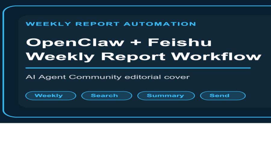 AI Agent 周报自动化模板封面图，包含 OpenClaw、Feishu、Weekly Report 和 Workflow 关键词组合