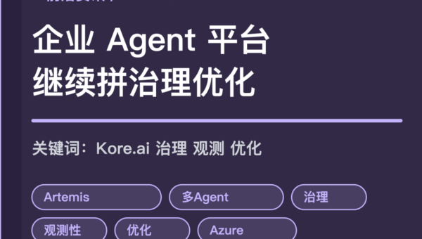 Kore.ai Artemis 企业 Agent 平台封面图，包含构建、治理、观测、优化和 Azure 部署等中文关键词