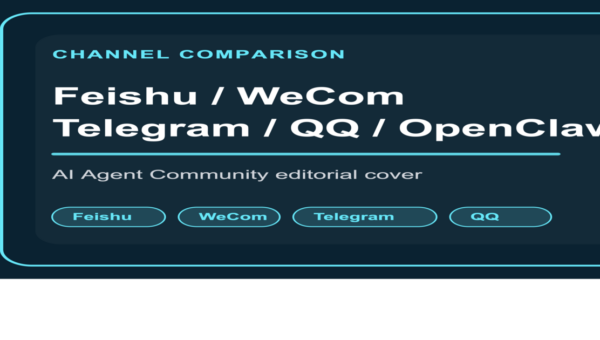 OpenClaw 多渠道接入对比封面图，包含 Feishu、WeCom、Telegram、QQ 和 OpenClaw 关键词组合