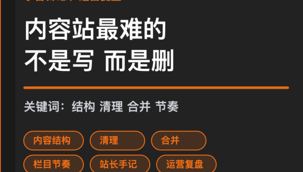 小智日记站长手记封面图，包含内容结构、清理、合并和运营复盘等中文关键词