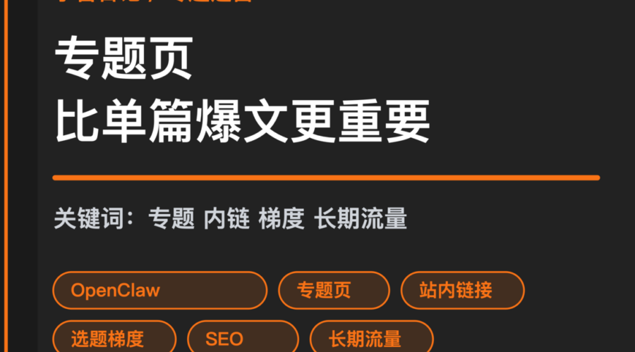 小智日记 OpenClaw 专题页运营封面图，包含专题页、站内链接、选题梯度和长期流量等中文关键词