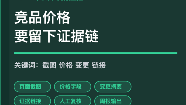 AI Agent 竞品价格监控封面图，包含页面截图、价格字段、变更摘要、证据链接和周报输出等中文关键词