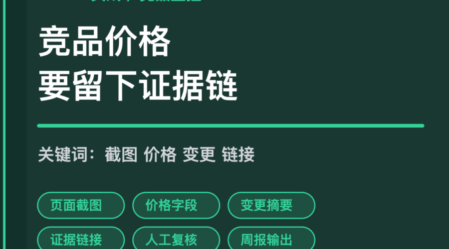 AI Agent 竞品价格监控封面图，包含页面截图、价格字段、变更摘要、证据链接和周报输出等中文关键词