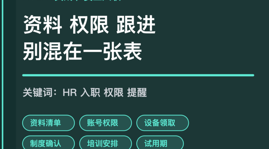 AI Agent 员工入职助手封面图，包含资料清单、权限申请、设备领取、培训安排和跟进提醒等中文关键词