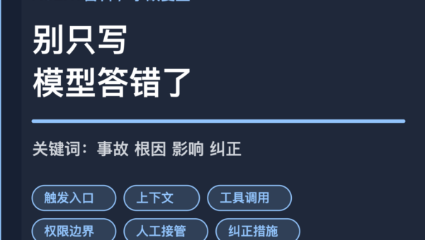 AI Agent 事故复盘封面图，包含触发入口、工具调用、权限边界、人工接管和纠正措施等中文关键词