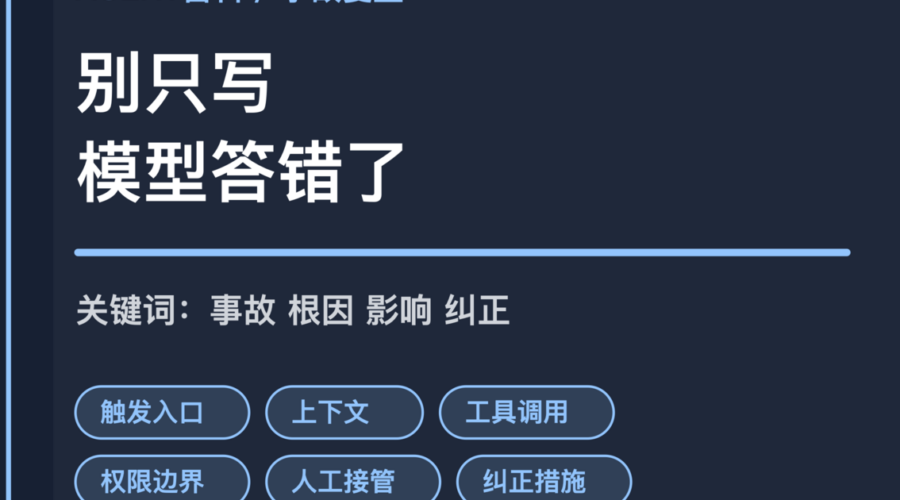 AI Agent 事故复盘封面图，包含触发入口、工具调用、权限边界、人工接管和纠正措施等中文关键词