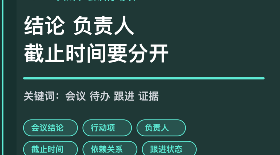 AI Agent 会议行动项追踪封面图，包含会议结论、负责人、截止时间、证据来源和跟进状态等中文关键词