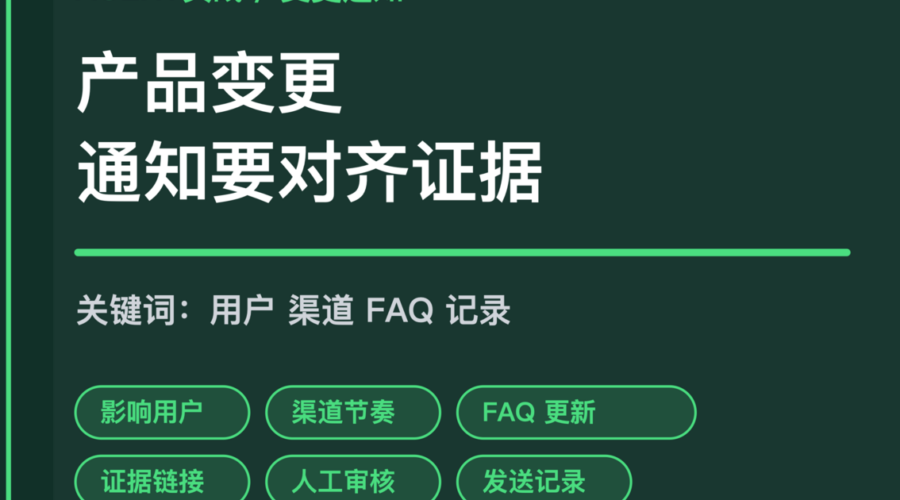 AI Agent 产品变更通知封面图，包含影响用户、渠道节奏、FAQ 更新、证据链接和人工审核等中文关键词