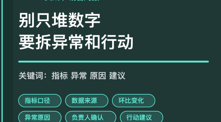 AI Agent 销售数据周报封面图，包含指标口径、数据来源、环比变化、异常原因和行动建议等中文关键词