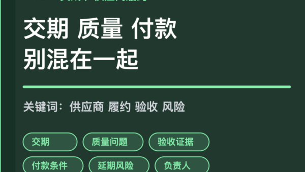 AI Agent 供应商履约跟踪封面图，包含交期、质量问题、验收证据、付款条件、延期风险和负责人等中文关键词