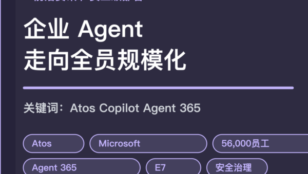 Atos 与 Microsoft 365 Copilot 企业 Agent 规模化部署封面图，包含 56000 员工、Agent 365、治理和安全等中文关键词