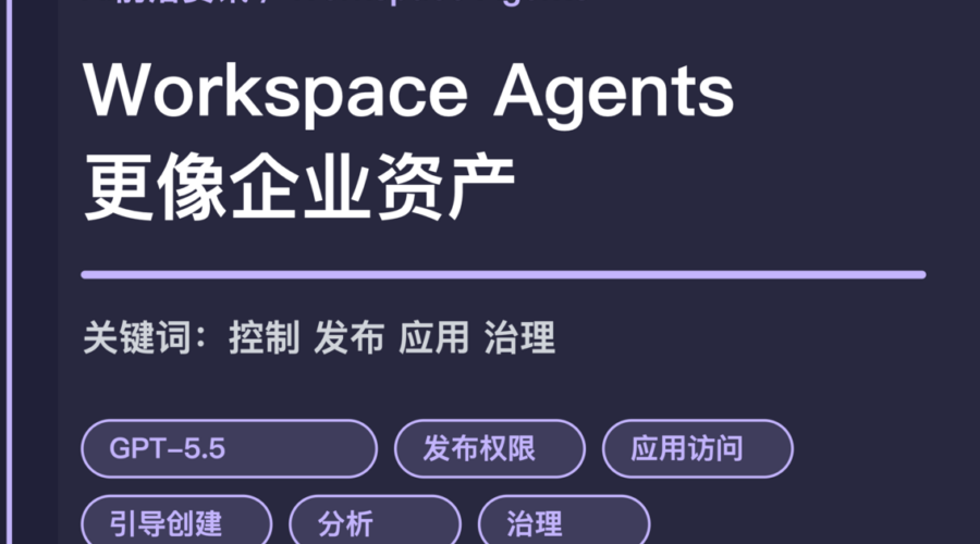 ChatGPT Workspace Agents 企业管理封面图，包含模型控制、发布权限、应用访问、引导式创建和治理等中文关键词