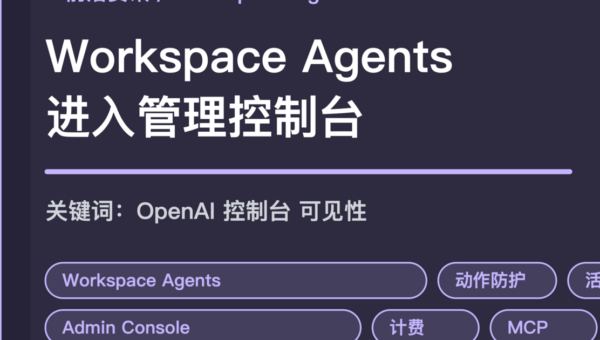ChatGPT Workspace Agents GA 封面图，包含管理员控制台、动作防护、活动可见性和计费变化等中文关键词