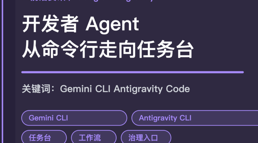 Google Gemini CLI 转向 Antigravity CLI 封面图，包含开发者 Agent、命令行、任务台、Code Assist 和工作流等中文关键词