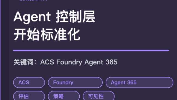 Microsoft Agent Control Specification 封面图，包含控制层、评估、策略、身份、可见性和跨框架治理等中文关键词