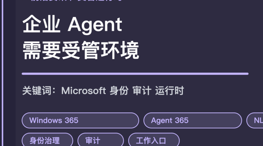 Windows 365 for Agents 封面图，包含 Microsoft、受管运行环境、Agent 365、身份治理和审计等中文关键词