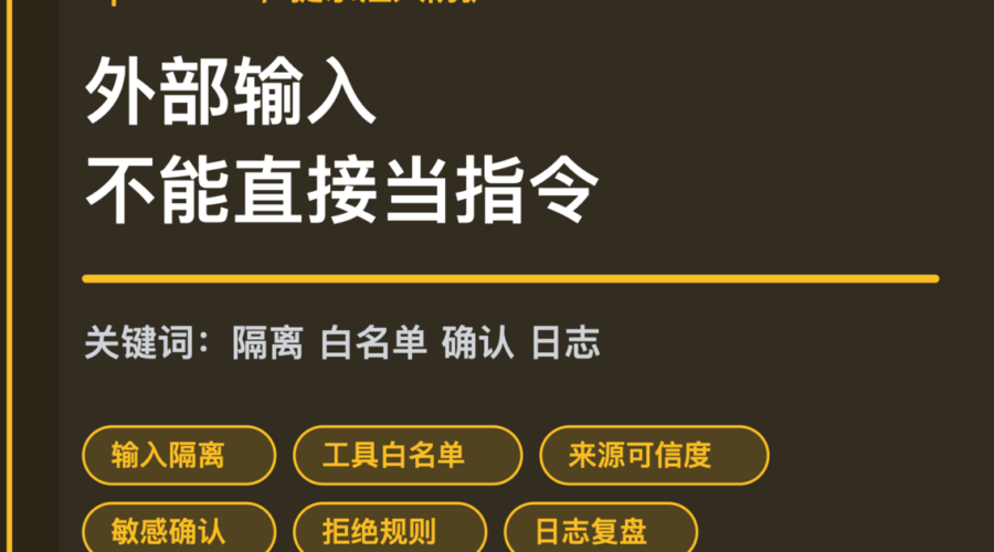 OpenClaw 提示注入防护封面图，包含输入隔离、工具白名单、来源可信度、敏感动作确认和日志复盘等中文关键词