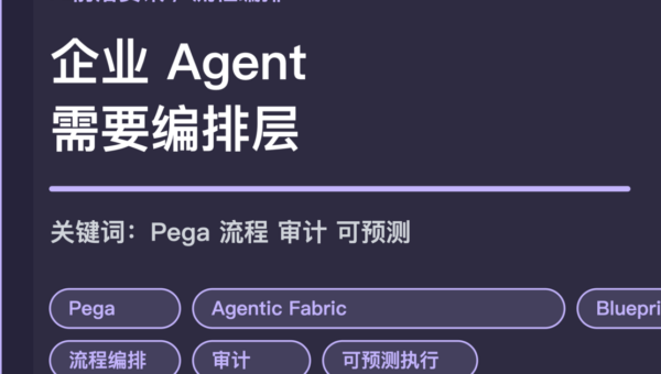 Pega Agentic Process Fabric 封面图，包含企业 Agent、流程编排、Pega Blueprint、审计和可预测执行等中文关键词