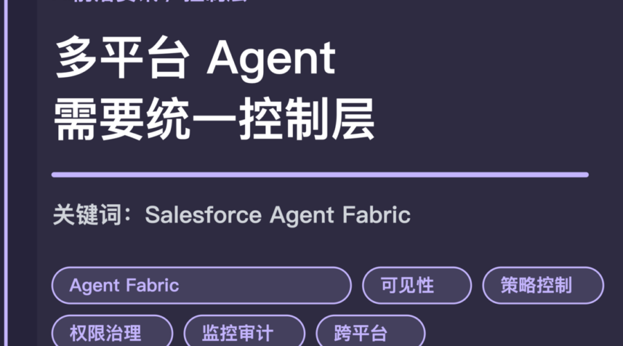 Salesforce Agent Fabric 企业 Agent 可见性和控制层封面图，包含跨平台发现、策略控制、权限治理和监控审计等中文关键词