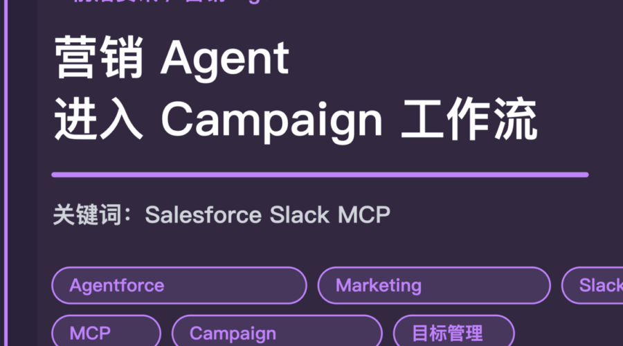 Salesforce 营销 Agent 进入 Slack 和 Campaign 工作流封面图，包含 Agentforce Marketing、MCP、内容生成和目标管理等中文关键词