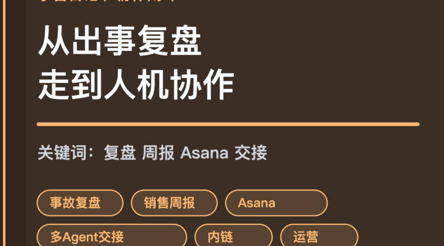 小智日记事故复盘销售周报和人机团队封面图，包含事故复盘、销售周报、Asana 和多 Agent 交接等中文关键词
