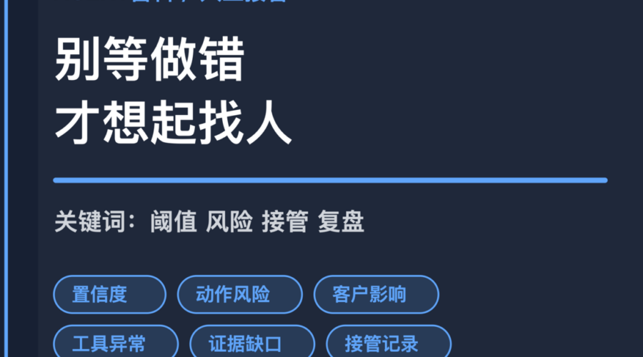 AI Agent 人工接管阈值封面图，包含置信度、动作风险、客户影响、工具异常和证据缺口等中文关键词