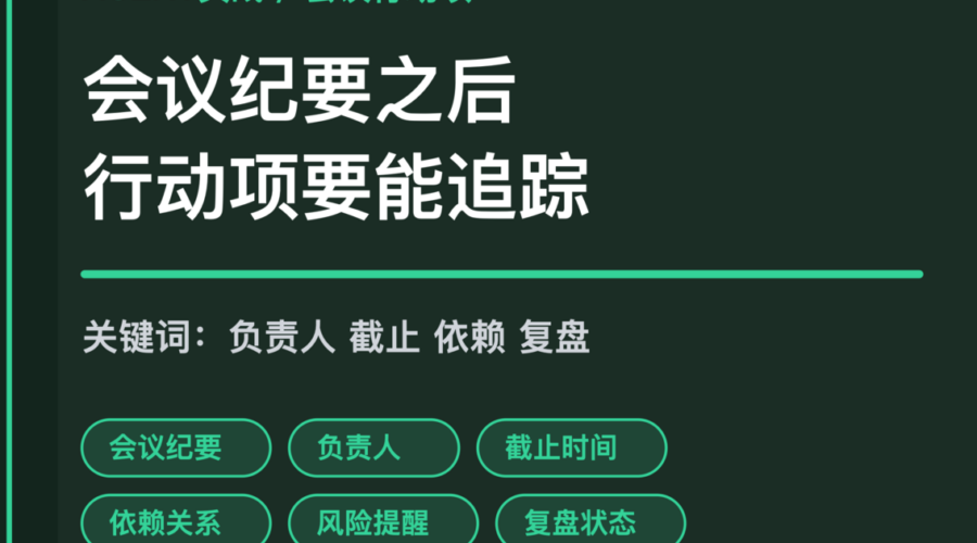 AI Agent 会议行动项追踪封面图，包含会议纪要、负责人、截止时间、依赖关系、风险提醒和复盘状态等中文关键词