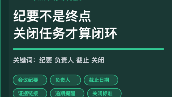 AI Agent 会议行动项追踪封面图，包含纪要、负责人、截止日期、证据链接和逾期提醒等中文关键词