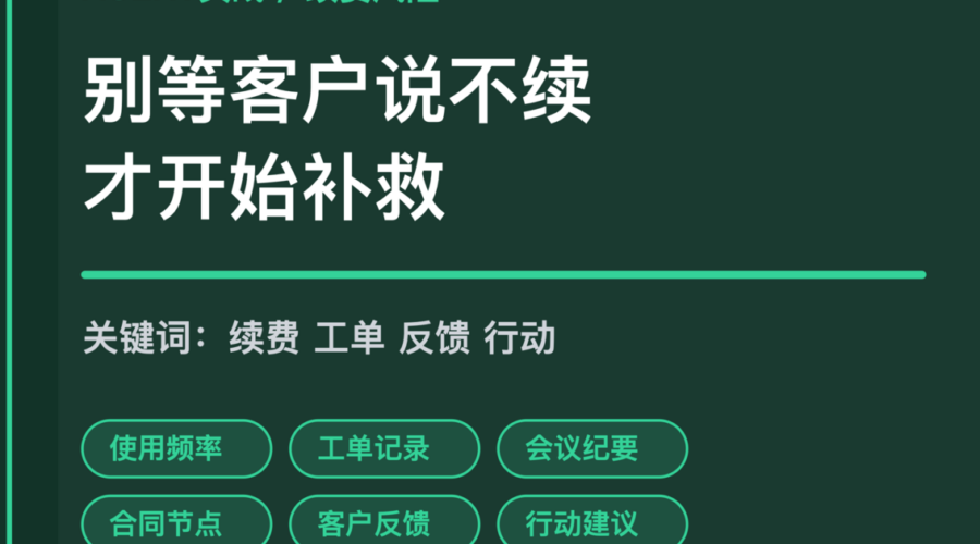 AI Agent 续费风险巡检封面图，包含使用频率、工单记录、会议纪要、合同节点、客户反馈和行动建议等中文关键词