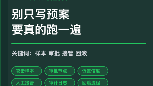 AI Agent 安全演练封面图，包含攻击样本、审批节点、人工接管、审计日志和回滚流程等中文关键词