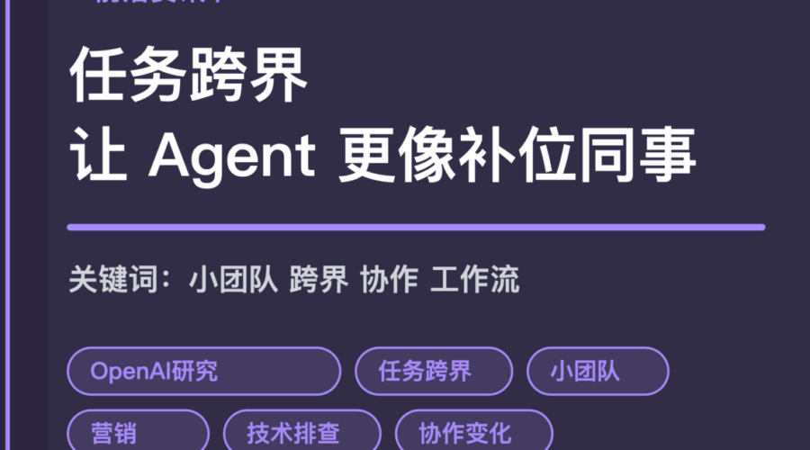 OpenAI Work at the Frontier 任务跨界封面图，包含任务跨界、小团队、营销、客服、财务和技术排查等中文关键词