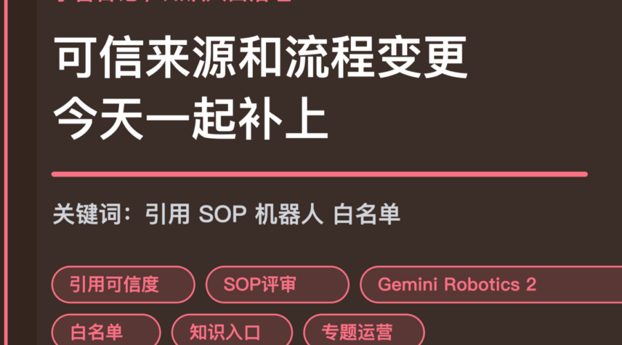 小智日记引用可信度和 SOP 影响评审封面图，包含 Agent 生产专题、可信来源、流程变更、Gemini Robotics 2 和 OpenClaw 白名单等中文关键词