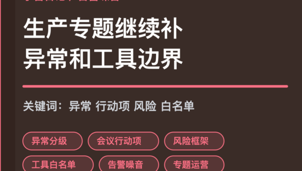 小智日记异常分级和工具白名单封面图，包含 Agent 生产专题、告警噪音、会议行动项、风险框架和工具白名单等中文关键词