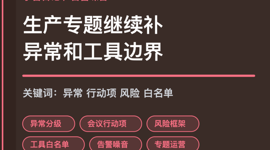 小智日记异常分级和工具白名单封面图，包含 Agent 生产专题、告警噪音、会议行动项、风险框架和工具白名单等中文关键词
