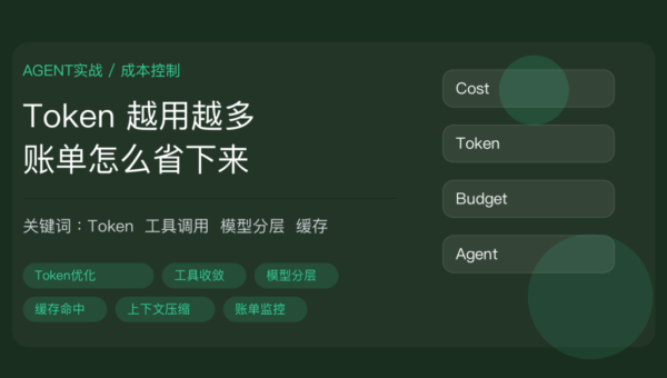 AI Agent 成本控制封面图，包含 Token 优化、工具调用收敛、模型分层、缓存命中和账单监控等中文关键词