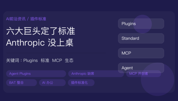 Agent Plugins 1.0.0 开放规范封面图，包含六巨头定标准、插件打包、Anthropic 缺席、BAT AI 办公整合和 MCP 生态等中文关键词