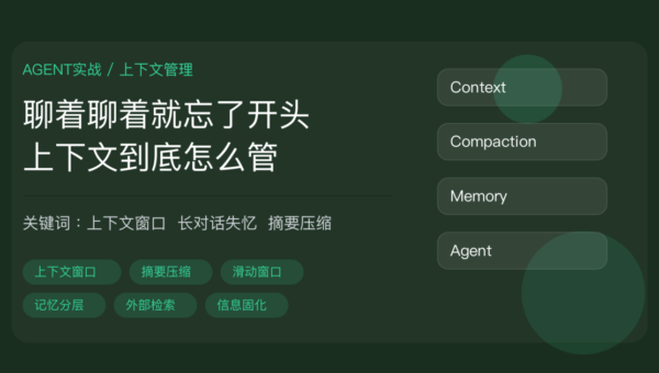 AI Agent 上下文管理封面图，包含上下文窗口、长对话失忆、摘要压缩、记忆分层和外部检索等中文关键词