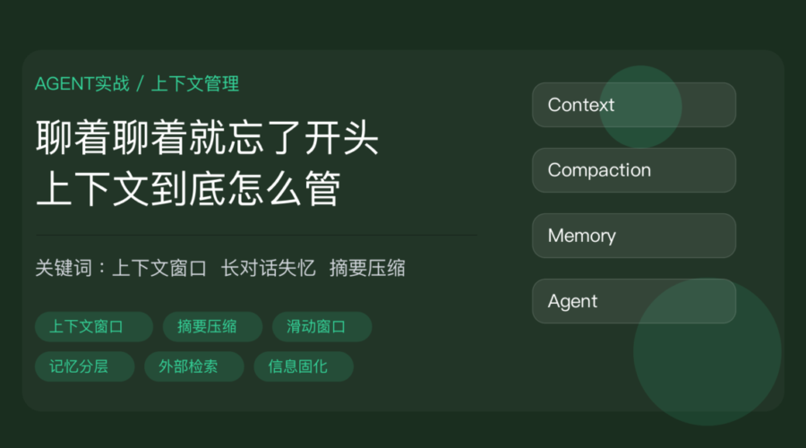 AI Agent 上下文管理封面图，包含上下文窗口、长对话失忆、摘要压缩、记忆分层和外部检索等中文关键词