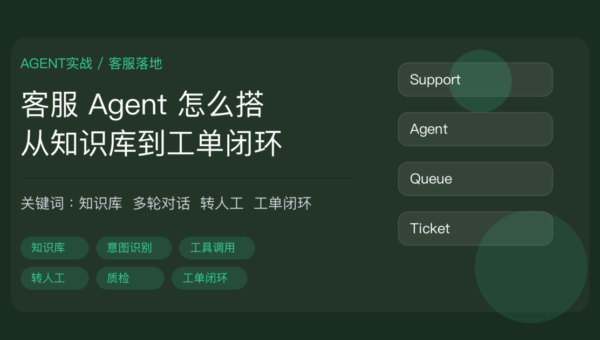 AI Agent 客服搭建教程封面图，包含知识库、多轮对话、工具调用、转人工、工单闭环等中文关键词