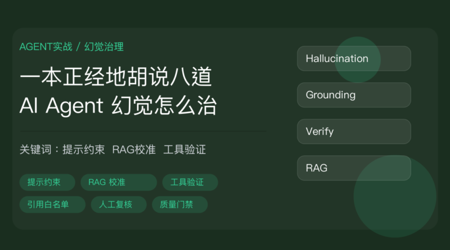 AI Agent 幻觉治理封面图，包含提示约束、知识库校准、工具验证、引用白名单和人工复核抽检等中文关键词