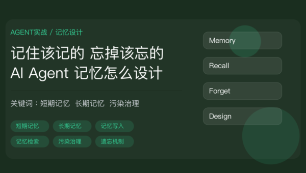 AI Agent 记忆设计封面图，包含短期记忆、长期记忆、记忆写入、记忆检索、记忆污染治理和遗忘机制等中文关键词