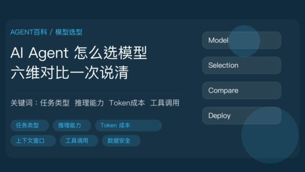 AI Agent 怎么选模型封面图，包含任务类型、推理能力、Token成本、上下文窗口、工具调用、数据安全等中文关键词