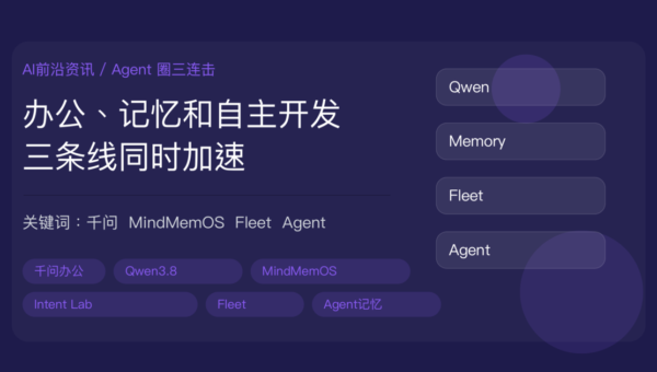 阿里千问办公公测和华为 MindMemOS 开源封面图，包含千问办公、Qwen3.8、MindMemOS Agent 记忆、Intent Lab 和贾扬清 Fleet 等中文关键词