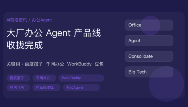 百度搭子整合 dodo 封面图,包含办公 Agent 产品线收拢、阿里千问办公、腾讯 WorkBuddy、字节豆包飞书和百度搭子等中文关键词